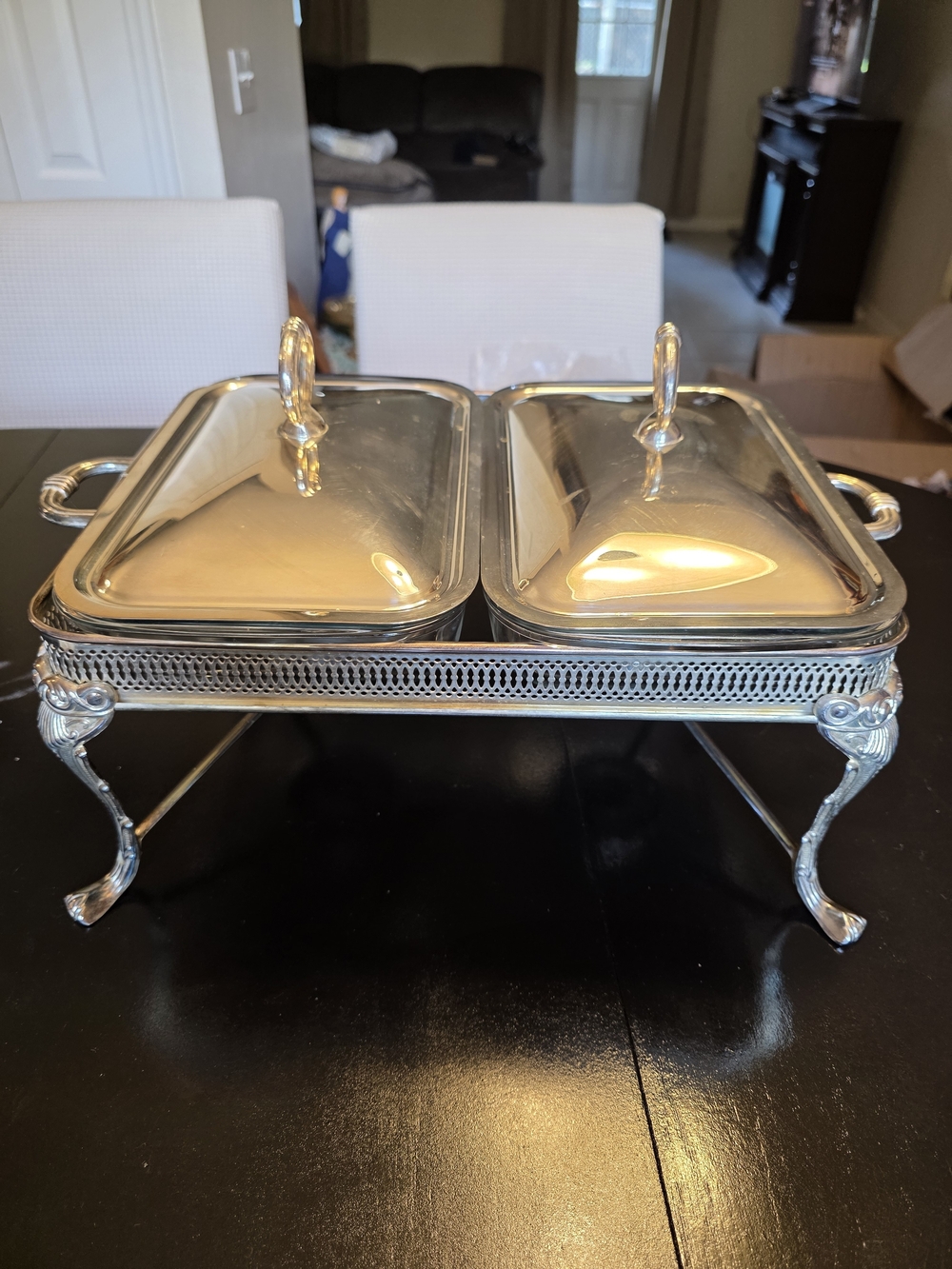 Source Unknown Silver Double Chafing Dish with Ornate Stand